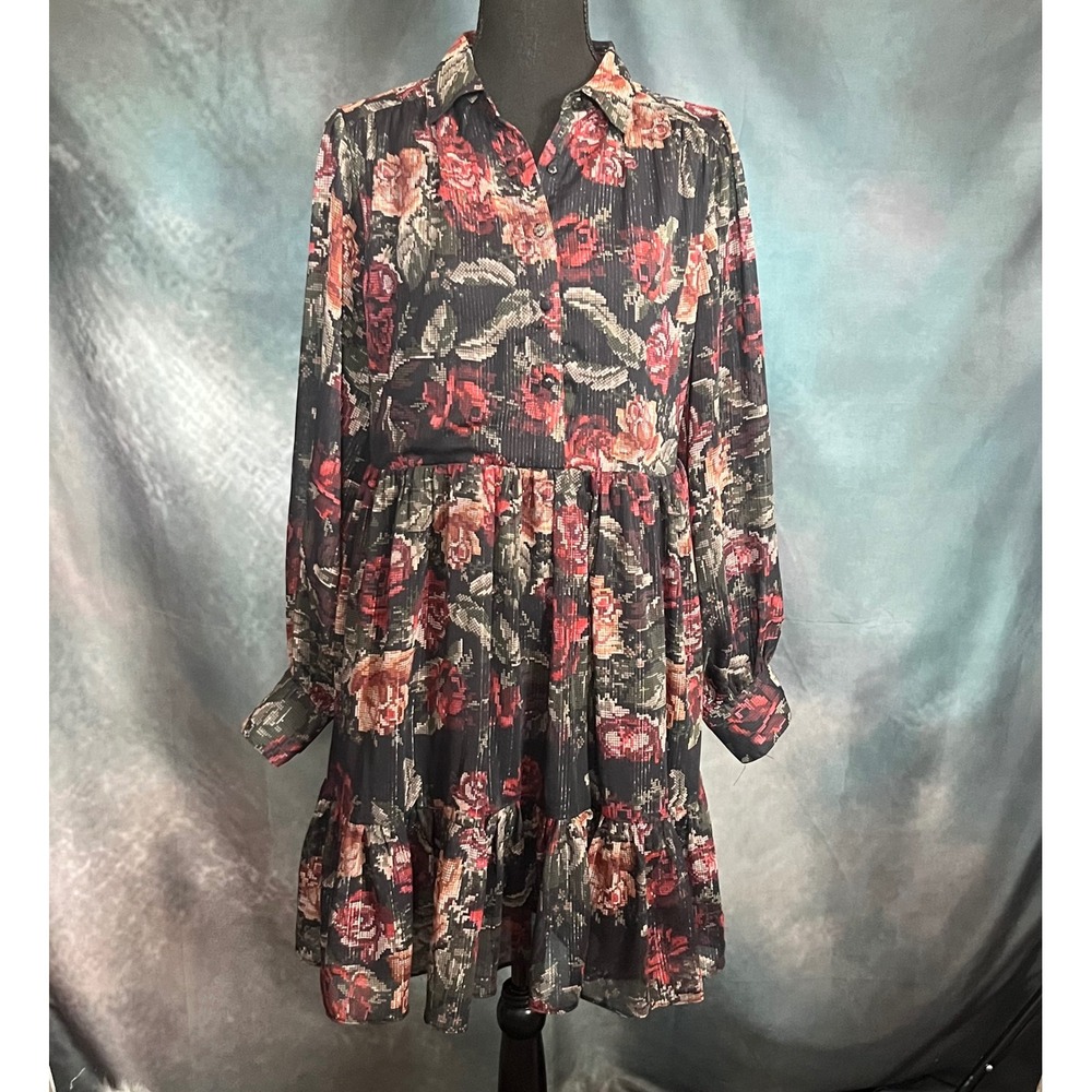 Farmers Market Floral Metallic Tiered‎ Mini Shirt Dress Black Red Size Medium